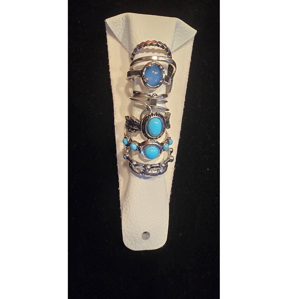 Free People Turquoise Stone 10-Piece Silver-Tone Ring Set NWT